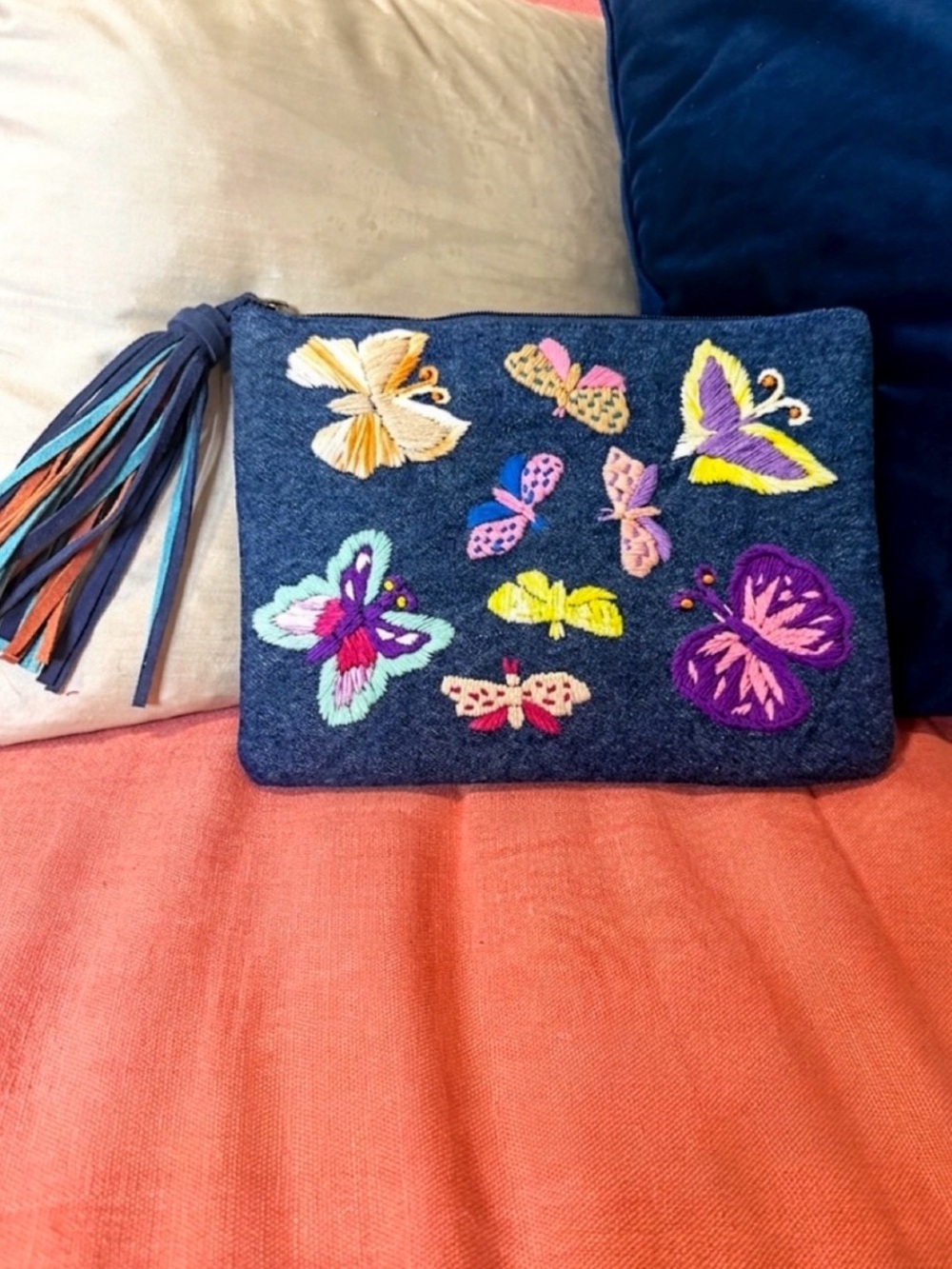 Anthropologie Raj Boho Embroidered Butterfly Clutch Tassel Fringe NWOT